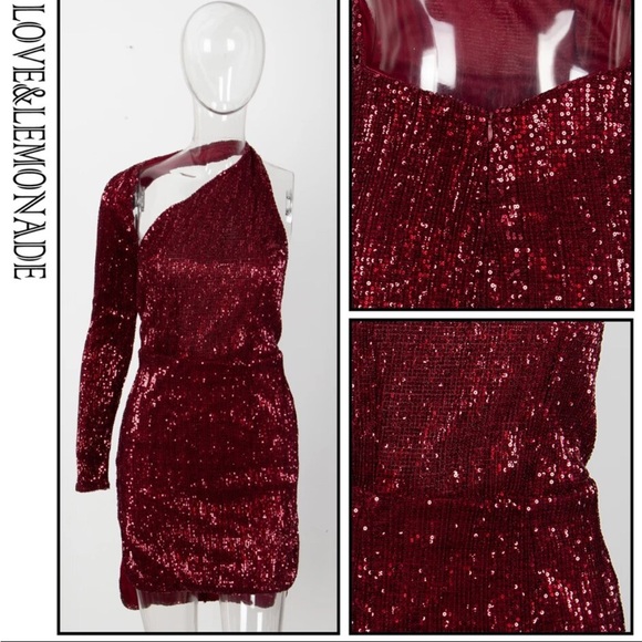 Love & Lemonade Burgundy Red Sequin One Shoulder Bodycon Mini Dress Size XS - Picture 4 of 6